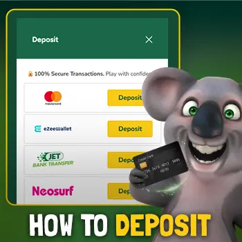 How to deposit at Fair Go, with Kev the koala holding a card