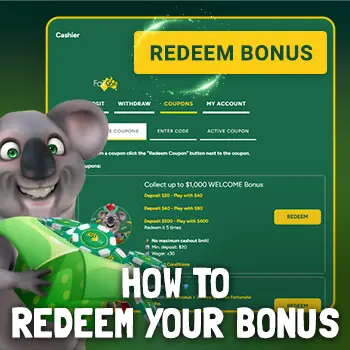 Redeeming a bonus at Fair Go, with Kev the koala and casino chips